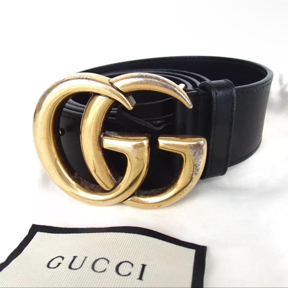 AUTH GUCCI GG Marmont Black Leather Belt 85.34